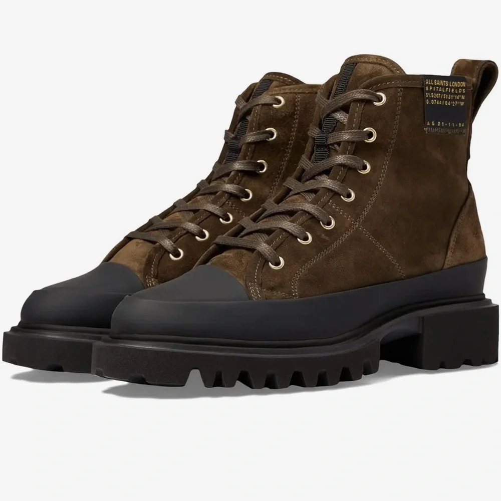 NWT All Saints Myla suede boot in olive/brown with black trim - Picture 6 of 13